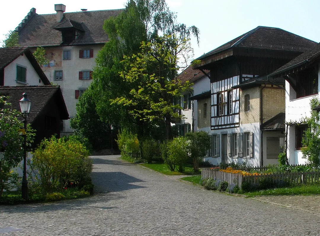 The Altstadt of Greifensee (ZH) and Greifensee castle in the background, as seen from the Gallus chapel