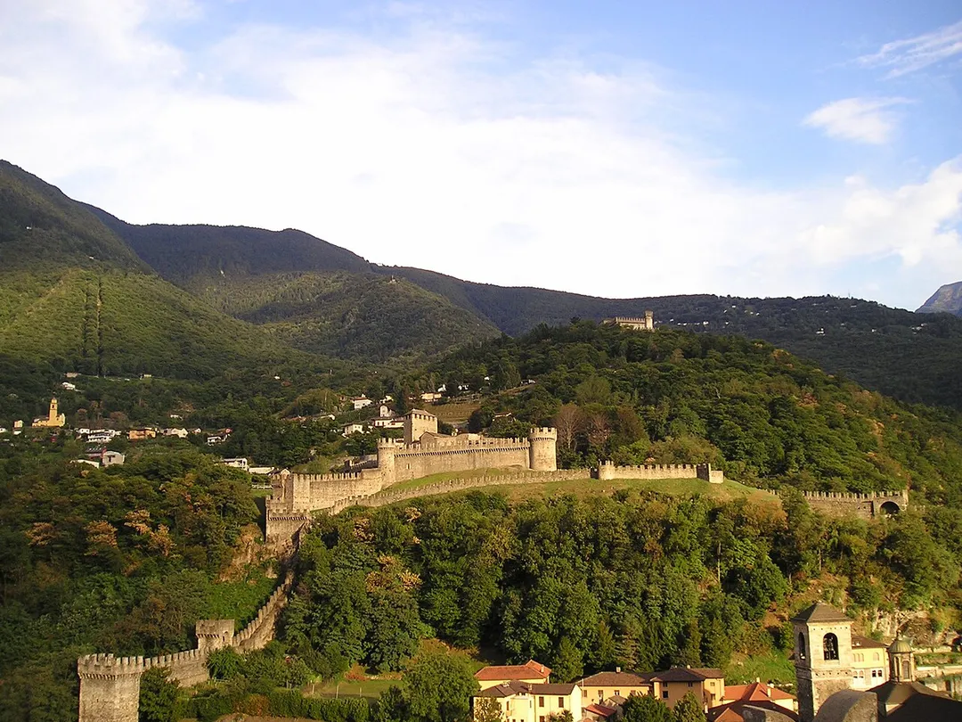View of Montebello Castle, Bellinzona, Switzerland. The Corbaro castle can be seen in the background.