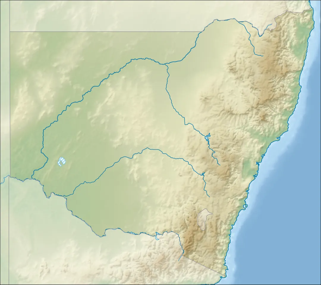 Relief location map of New South Wales, Australia
Equidistant cylindrical projection, latitude of true scale 32.82° S (equivalent to equirectangular projection with N/S stretching 119 %). Geographic limits of the map:

N: 27.9° S
S: 37.8° S
W: 140.6° E
E: 153.9° E