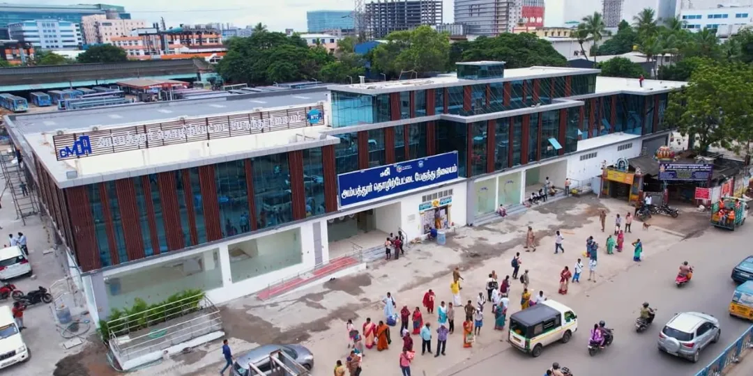 Aerial view of newly renovated Ambattur Industrial Estate Bus Terminus in 2025