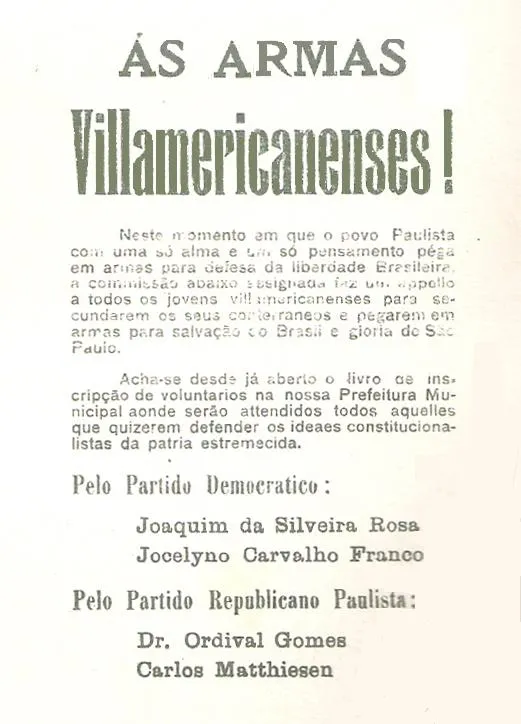 documento de convocação dos jovens de villa Americana para lutar na revolução de 1932