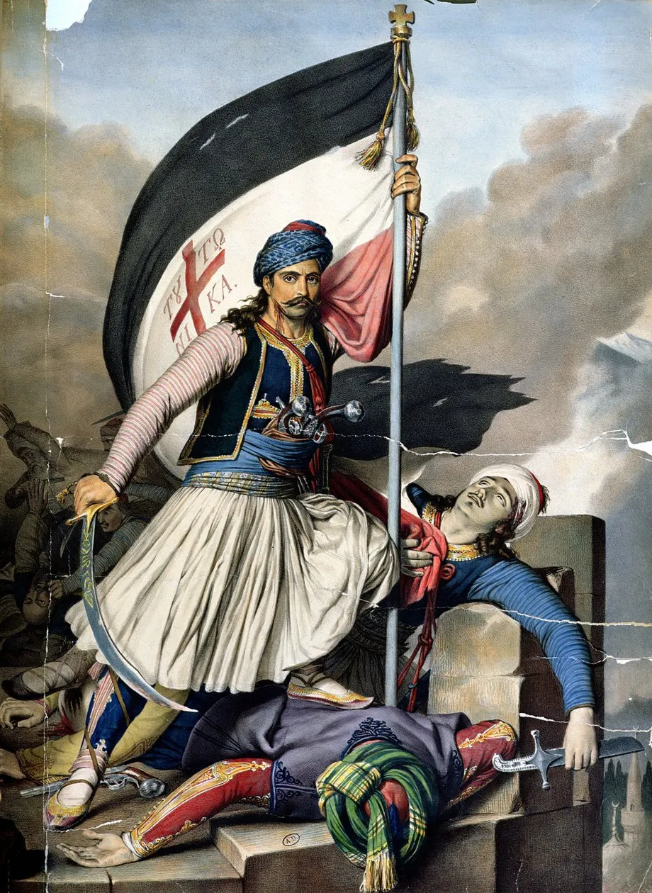 Un Grec arborant son étendard sur les murs de Salone ("N. Mitropoulos hoists the flag at Salona". Scene from the early stages of the Greek War of Independence).