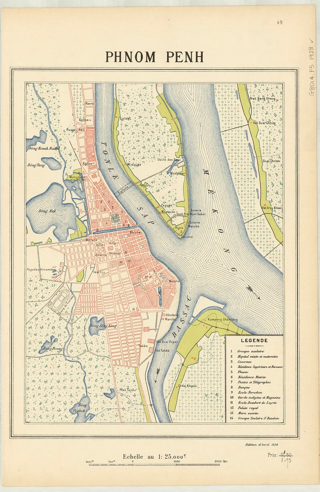 A colour map of Phnom Penh published in 1928 by Publié par le Service géographique de l'Indochine.