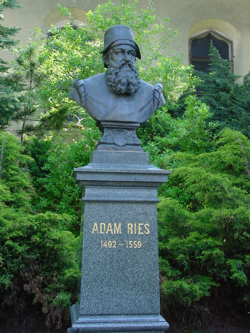 Adam Ries Memorial (reconstruction), originally created by Robert Henze, located at its former place near Saint Trinitatis Church in Annaberg-Buchholz