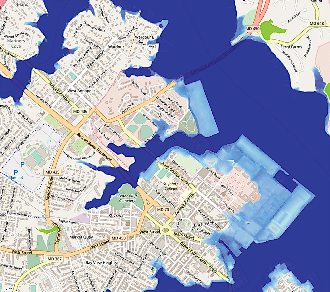 Map of Annapolis, Maryland, U.S. generated by NOAA Sea Level Rise Viewer, focusing on encroachment of water by 2100 due to sea level rise on the grounds of the U.S. Naval Academy