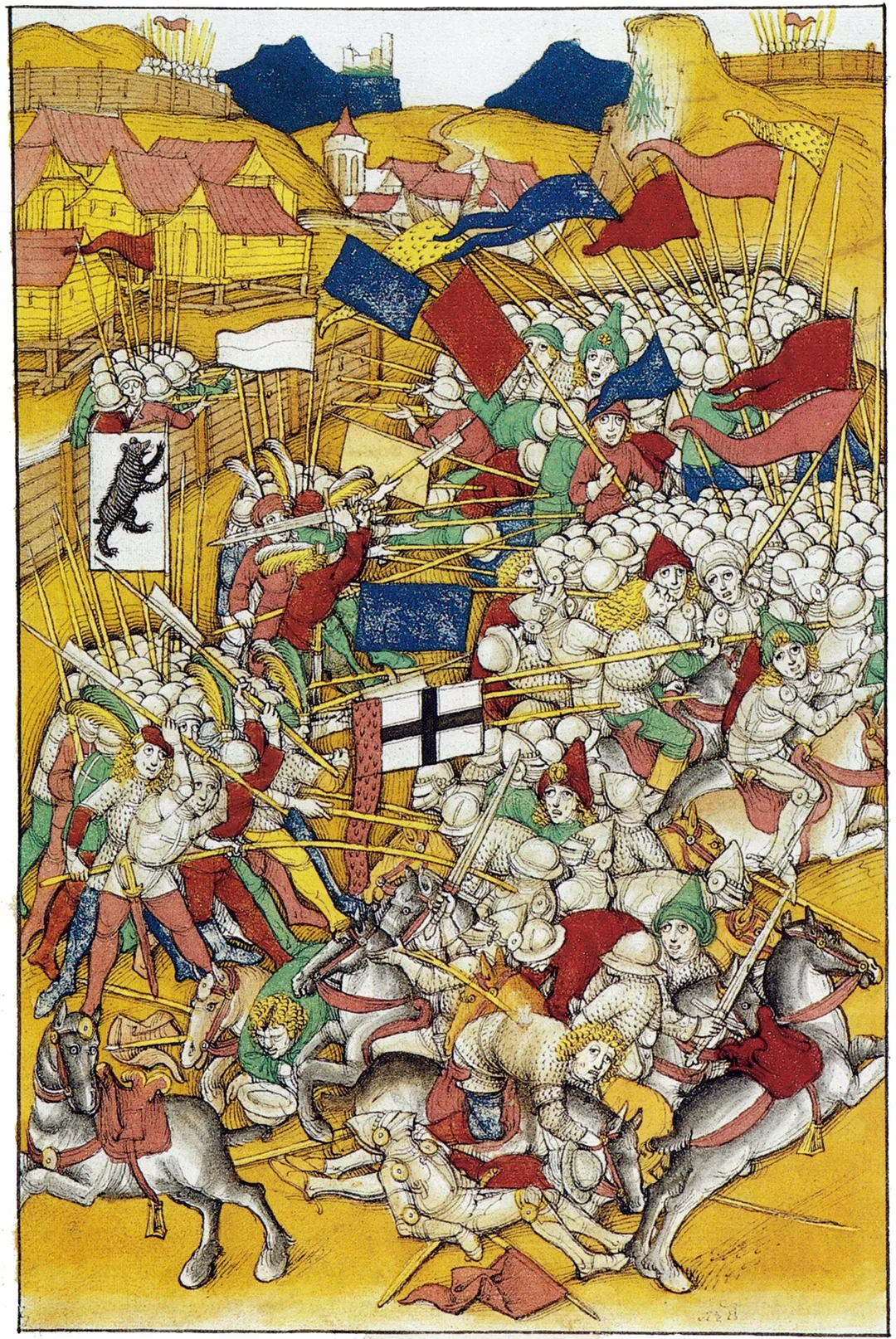 Die Schlacht bei Vögelinsegg, 15. Mai 1403 in der Spiezer Chronik des Diebold Schilling. Auf der linken Seite des Bildes die Letzi oberhalb des Hofes Loch, im Hintergrund das Dorf Speicher. Eine Gruppe Appenzeller kämpft an der Letzi, eine andere unter dem Banner mit dem Bären im Vordergrund bewaffnet mit Langspiessen gegen die Ritter des Fürstabts von St. Gallen.