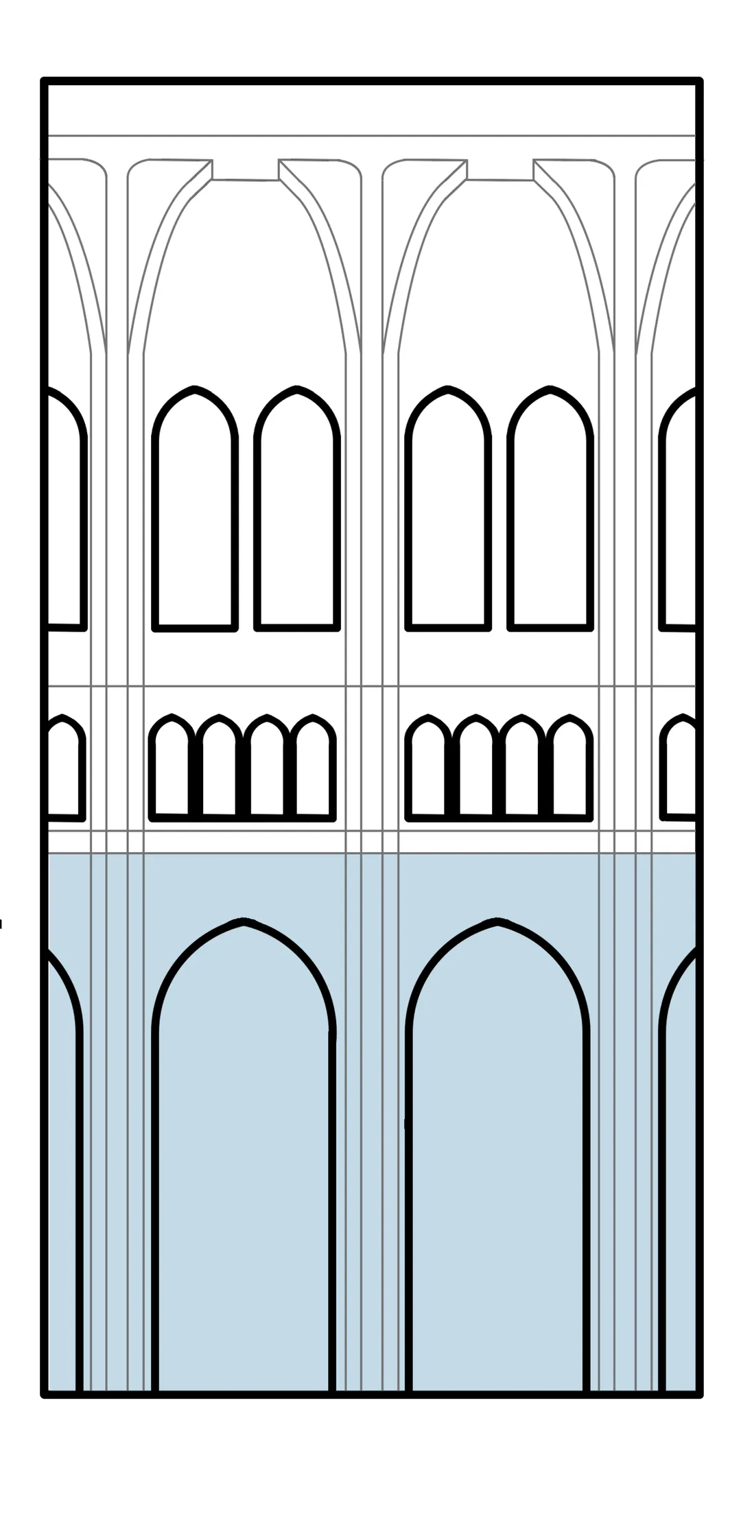 Interior elevation of a Gothic cathedral, with arcade highlighted.