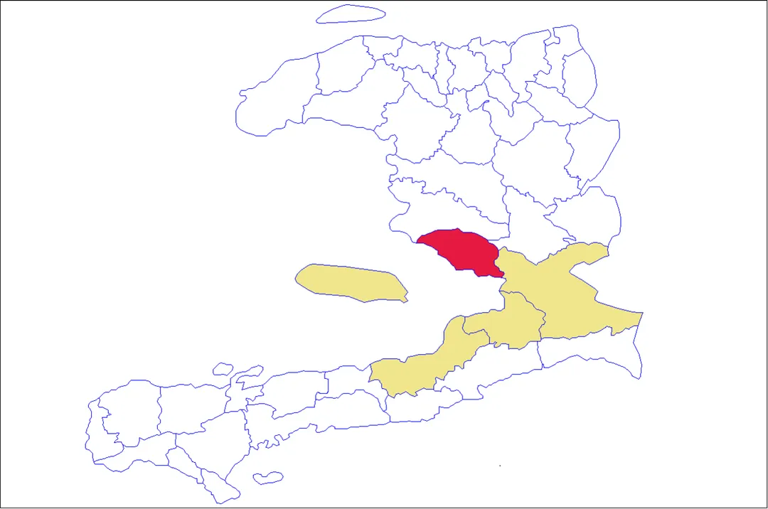 西県のラカイエ郡の地図。参考資料：Haïti - Ouest - Carte de référence - Limite administrative (en date du 24 06 2019) by OCHA
