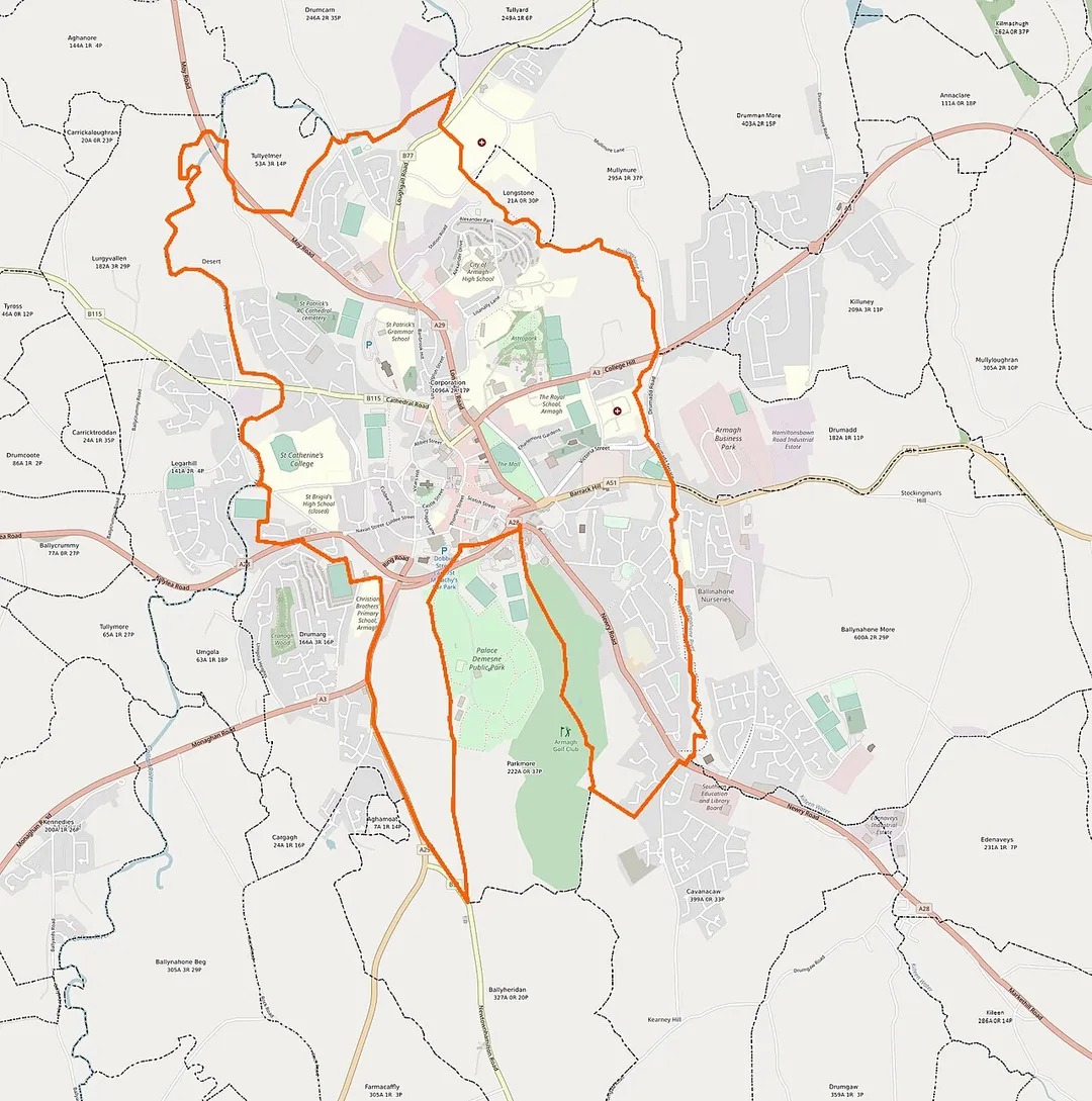 City of Armagh with townland boundaries, measurements below each townland title are acres, roods, and perches