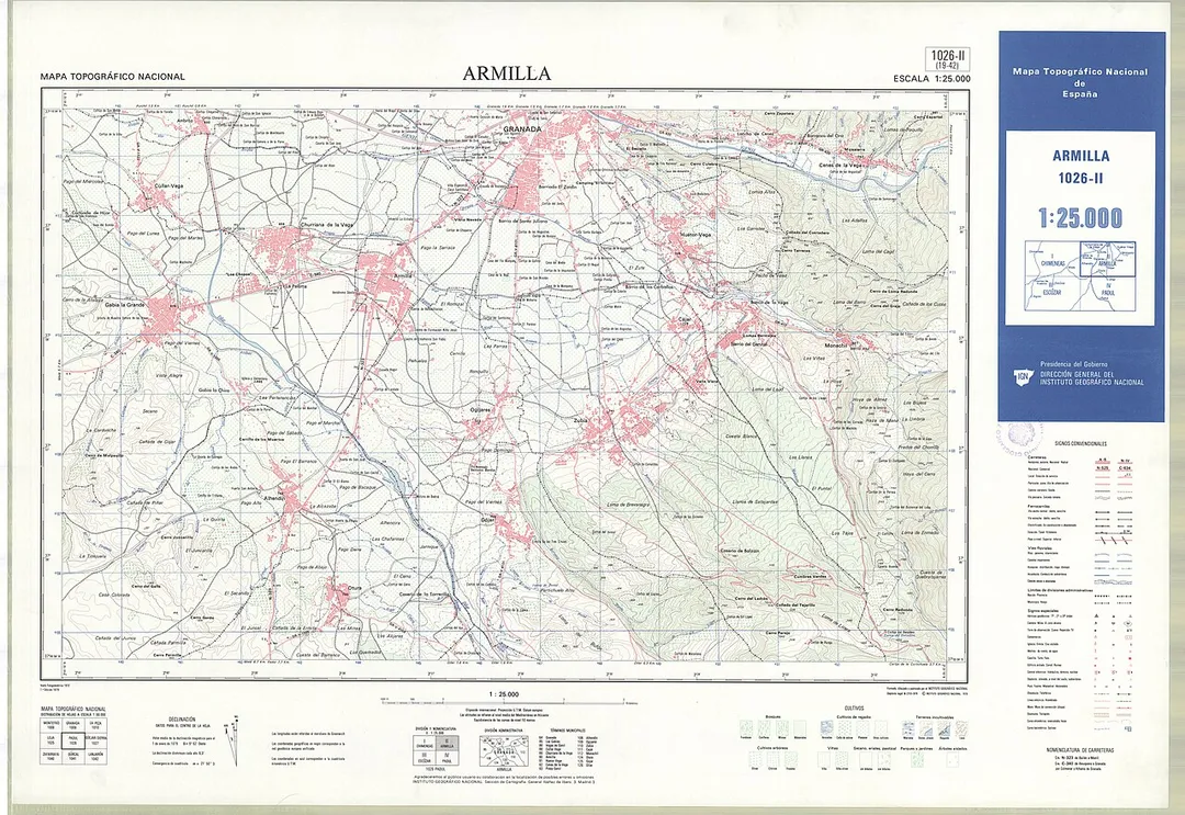 Fragment 1026c2 of the National Topographic Map of Spain in 1979 at a scale of 1:25000 printed and scanned with a resolution of 250 ppi. It shows Armilla.