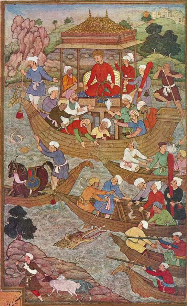 The "Memoirs of Babur" or Baburnama are the work of the great-great-great-grandson of Timur (Tamerlane), Zahiruddin Muhammad Babur (1483-1530). The Baburnama tells the tale of the prince's struggle first to assert and defend his claim to the throne of Samarkand and the region of the Fergana Valley. After being driven out of Samarkand in 1501 by the Uzbek Shaibanids, he ultimately sought greener pastures, first in Kabul and then in northern India, where his descendants were the Moghul (Mughal) dynasty ruling in Delhi until 1858.
   The miniatures are from an illustrated copy of the Baburnama prepared for the author's grandson, the Mughal Emperor Akbar. It is worth remembering that the miniatures reflect the culture of the court at Delhi; hence, for example, the architecture of Central Asian cities resembles the architecture of Mughal India. Nonetheless, these illustrations are important as evidence of the tradition of exquisite miniature painting which developed at the court of Timur and his successors. Timurid miniatures are among the greatest artistic achievements of the Islamic world in the fifteenth and sixteenth centuries.

Illustrations of Mughals from the Baburnama