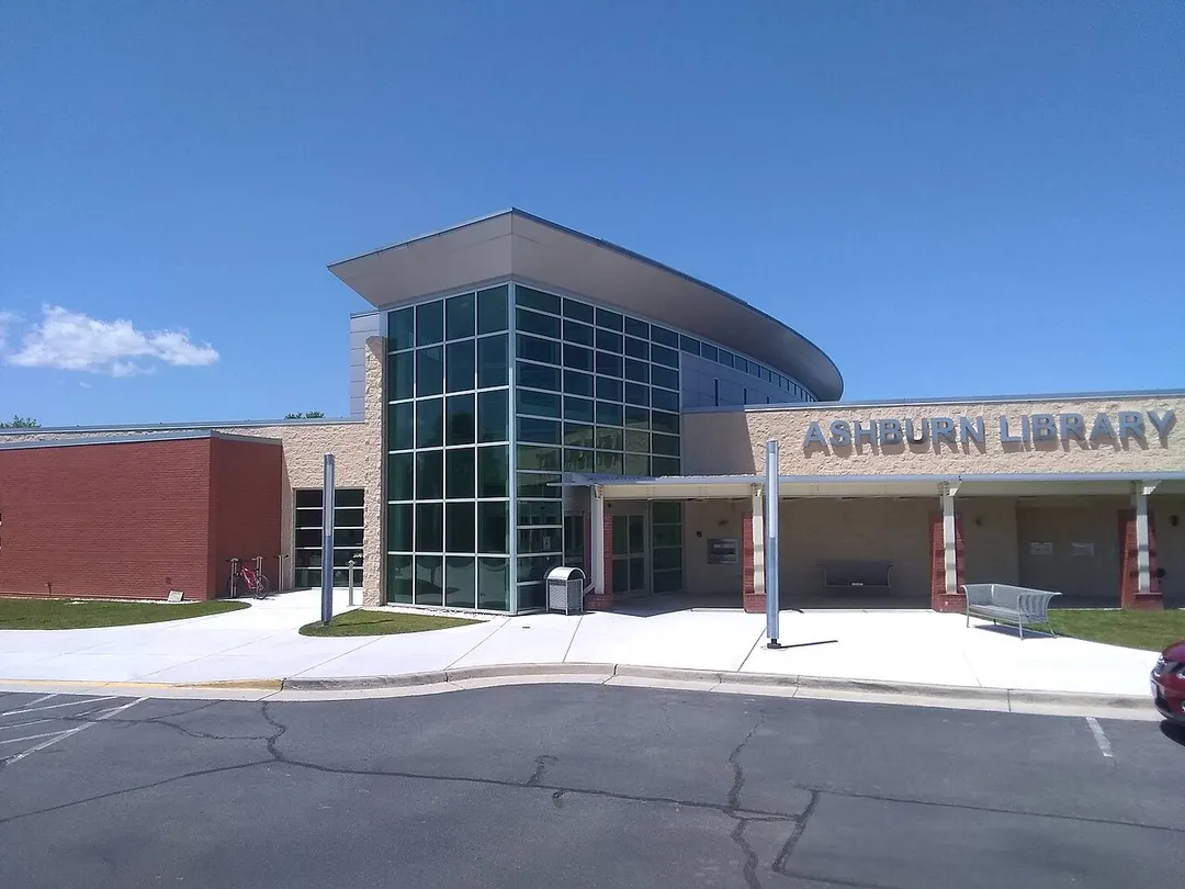 The Ashburn Library in Ashburn, Virginia, taken from the ridge between the drop-off loop and the parking lot