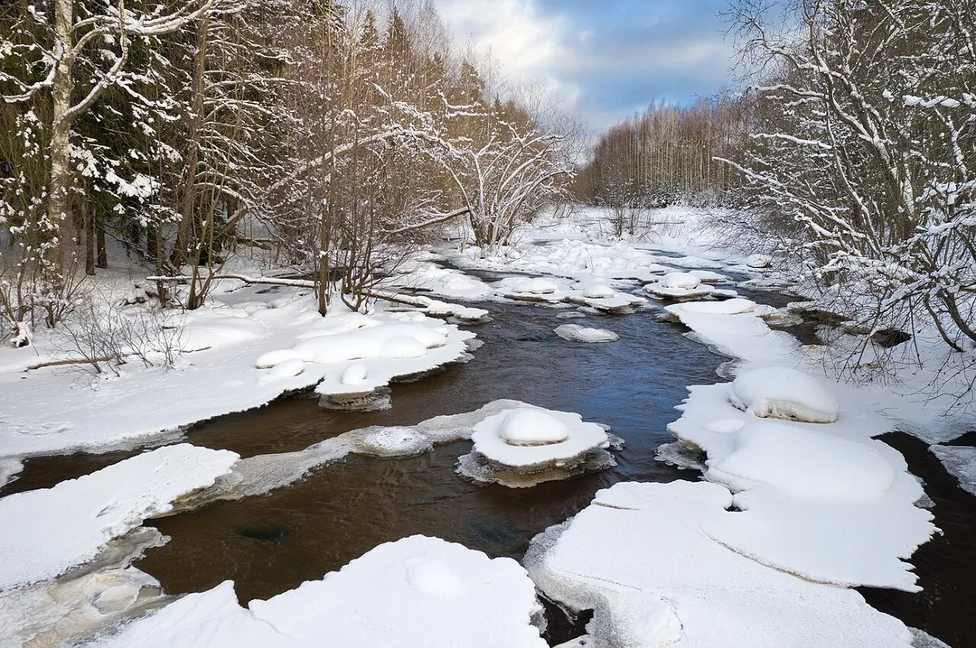A winter landscape at the eastern end of Matarinkoski rapids of Keravanjoki in Vantaa, Finland in 2021 February.