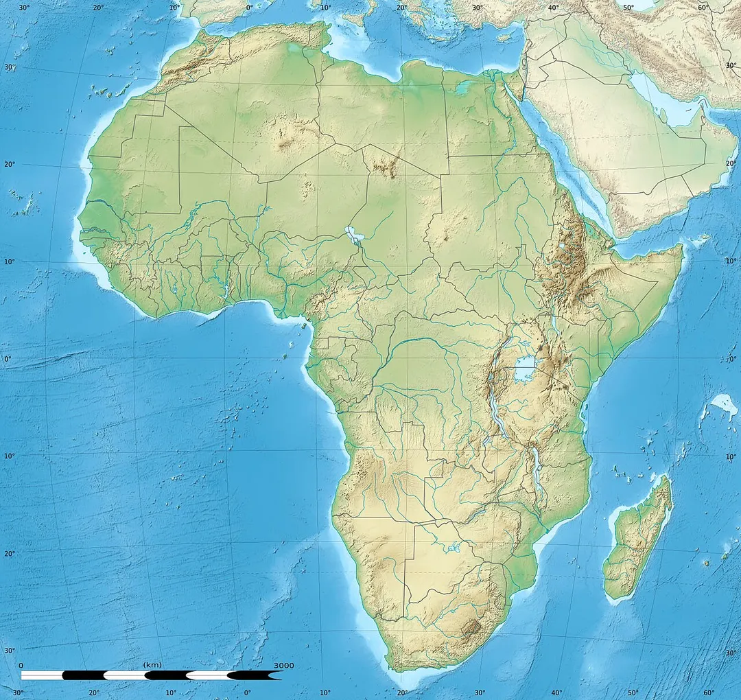 Blank physical map of political Africa, for geo-location purposes. Borders as in July 2011.