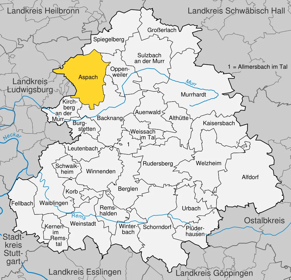 position of Aspach within the Rems-Murr-Kreis, Baden-Württemberg, Germany