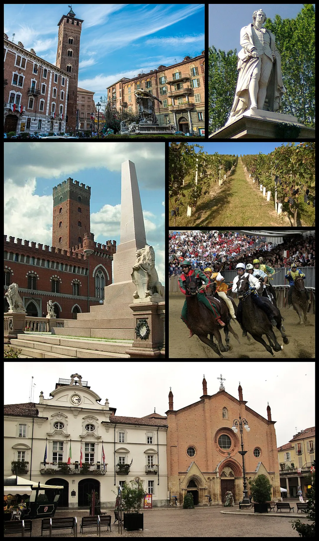 Mosaic of pictures of Asti. From top and left: Piazza Medici (Medici Square) and Troyana Tower; a monument of Vittorio Alfieri in Piazza Alfieri (Alfieri Square); Piazza Roma (Rome Square) and Comentina Tower; vineyards near Asti; the Palio di Asti; town hall and San Secondo church in Piazza San Secondo (San Secondo Square).