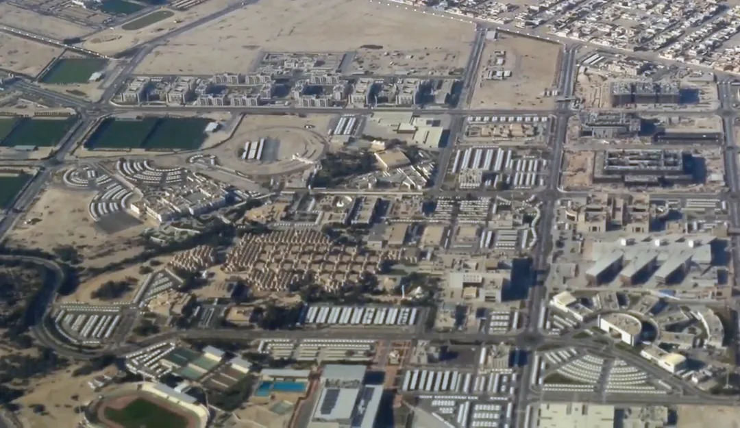 Aerial view of the district of Al Tarfa and the Qatar University Campus in Doha.