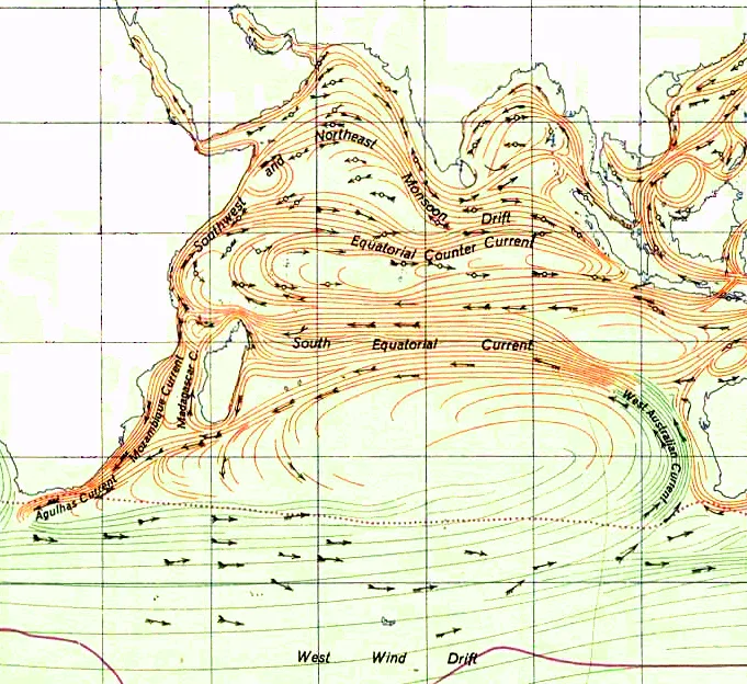The Indian Ocean Gyre, a clockwise-swirling vortex of ocean currents in the Indian Ocean