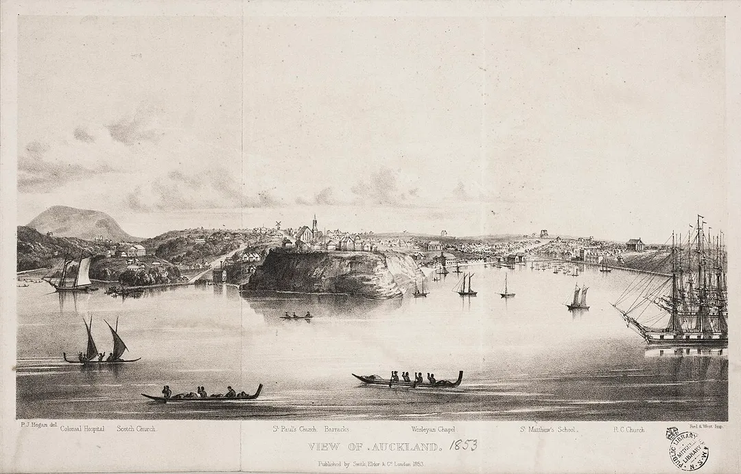 View of Auckland (captioned), 1853, PL Hogan drawing, Forde and West printers, published by Smith Elder and Co., vintage lithographic print, State Library of New South Wales SV7B/Auck/4