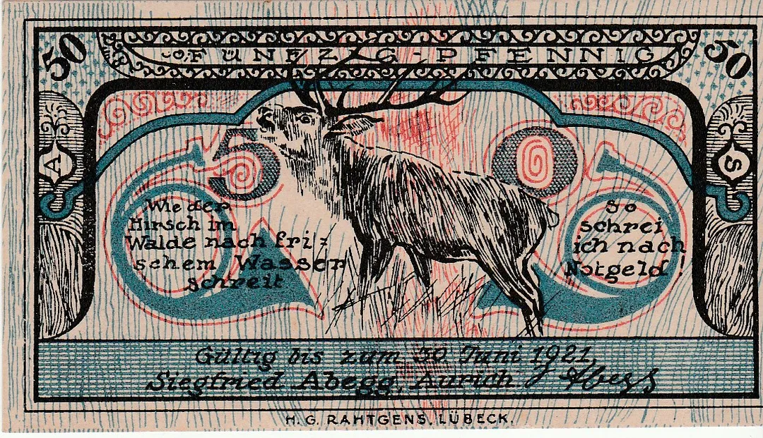 Deutsches Notgeld aus Aurich, im Wert von 50 Pfennig, aus dem Jahr 1921.