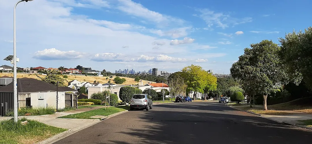 Avondale Heights (suburb of Melbourne, Victoria, Australia) view of part of the suburb and city skyline from Templewood Drive