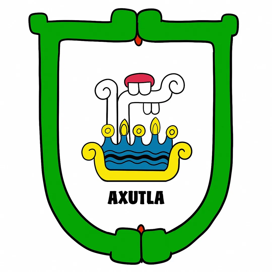 Coat of Arms of the Municipality of Axutla, Puebla; Mexico. Name derived from the Nahuatl «Atl» "Water", «Xotlatl | Xotlatia» "Burning Heat | Get Very Hot"; meaning "Water that Gets Very Hot | Water that Shines".
