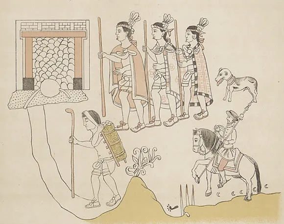 The entrance to Chalco, on the way to the Aztec capital. The single Spaniard is accompanied by three Tlaxcalan soldiers, plus an Indian carrier. With few exceptions the murals depict the Spanish on horseback armed with lances, as in this scene. The dog is one of the oversized mastiffs accompanying the Spaniards.