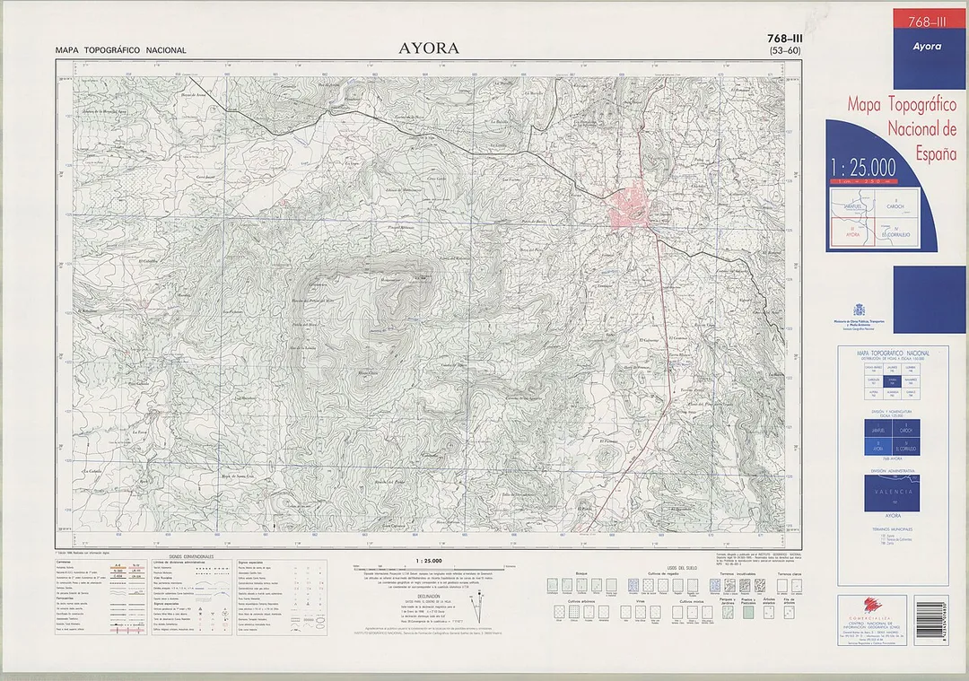 Fragment 0768c3 of the National Topographic Map of Spain in 1996 at a scale of 1:25000 printed and scanned with a resolution of 250 ppi. It shows Ayora.