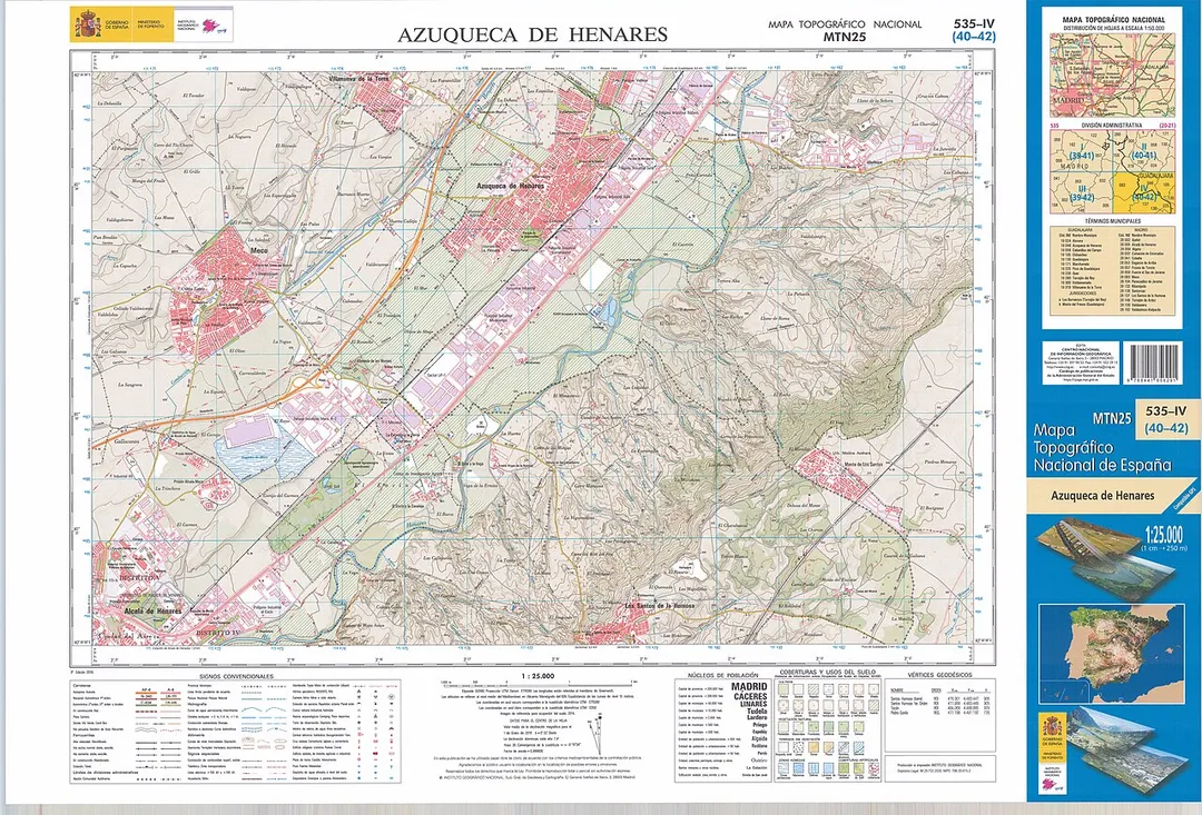 Fragment 0535c4 of the National Topographic Map of Spain in 2019 at a scale of 1:25000 printed and scanned with a resolution of 250 ppi. It shows Azuqueca de Henares (Castile-La Mancha - Spain).