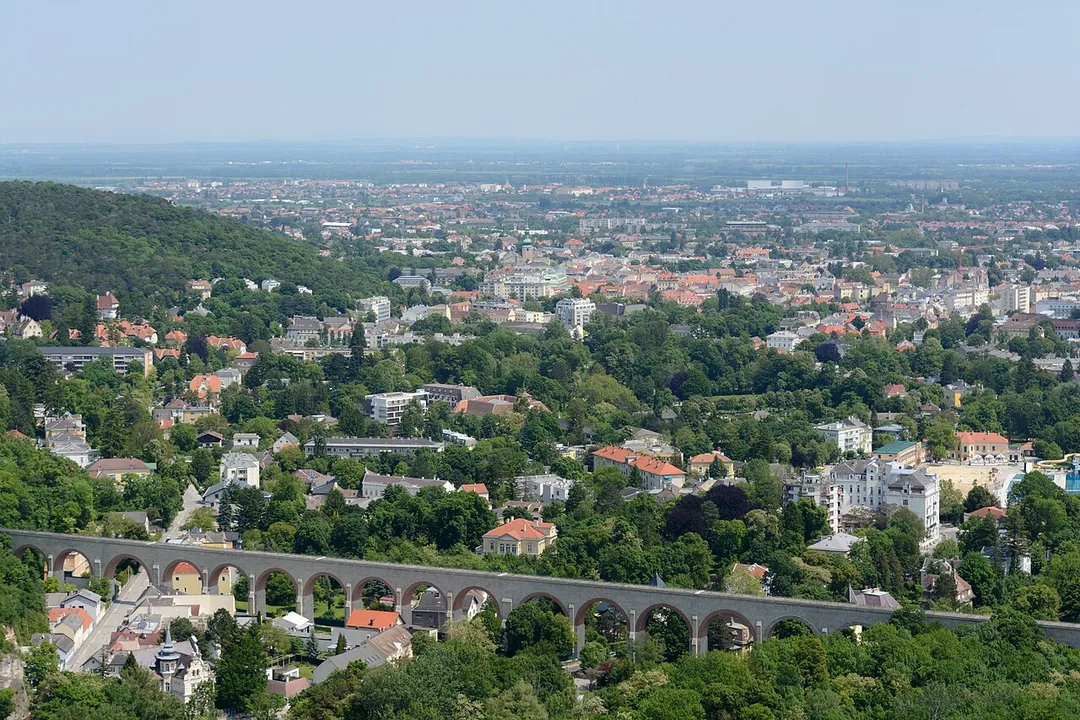 Baden bei Wien, Lower Austria. In the foreground the aqueduct of the First Vienna Mountain Spring Pipeline.
