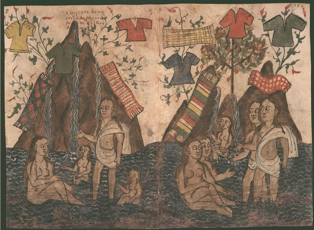 An anonymous 16th century Portuguese illustration present in the famous Códice Casanatense or Casanata Codex. It represents a bathing scene in the city of Muscat in Oman. The inscription reads: "Muscat lies in the coast of Arabia, it's subject to the King of Hormuz"