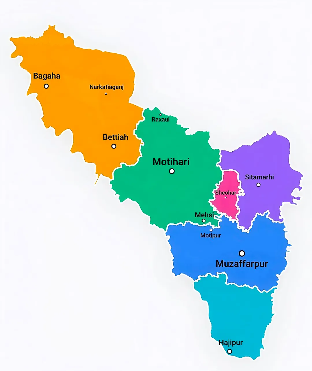 Map showing Tirhut Division and selected cities and towns in Bihar, India, including Bettiah, Bagaha, Narkatiaganj, Mehsi, Raxaul, Motihari, Sheohar, Sitamarhi, Motipur, Muzaffarpur and Hajipur.