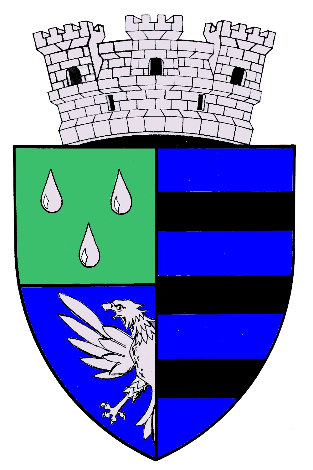 Coat of arms of Băicoi, Romania (from ro.wiki: STEMA orasului Baicoi, judeţul Prahova
DESCRIEREA ŞI SEMNIFICAŢIILE elementelor însumate ale stemei orasului Baicoi, judeţul Prahova
Descrierea stemei:

Scut despicat. Prima parte, tăiată, cuprinde sus, în câmp verde, trei lacrimi de argint; în câmp inferior, pe azur, se află o acvilă bicefală ieşindă de argint. În partea din stânga, pe azur, sunt trei brâuri negre. Scutul este timbrat cu o coroană murală de argint cu trei turnuri crenelate.
Semnificaţia elementelor însumate:
Lacrimile de argint şi acvila bicefală de argint ieşindă fac aluzie la familiile boiereşti Ghica şi Cantacuzino, familii care au deţinut proprietăţi în localitate. Din aceste familii se trage prinţesa Cleopatra Trubeskoi, care a deţinut în Băicoi un palat şi care a contribuit la ridicarea spirituală şi culturală a localităţii prin ctitorirea unei biserici şi prin înfiinţarea unei şcoli.
Brâurile negre simbolizează ţiţeiul, localitatea fiind cunoscută prin activitatea de extracţie a ţiţeiului.

Coroana murală, de argint, cu trei turnuri crenelate, semnifică faptul că localitatea are rangul de oraş.)