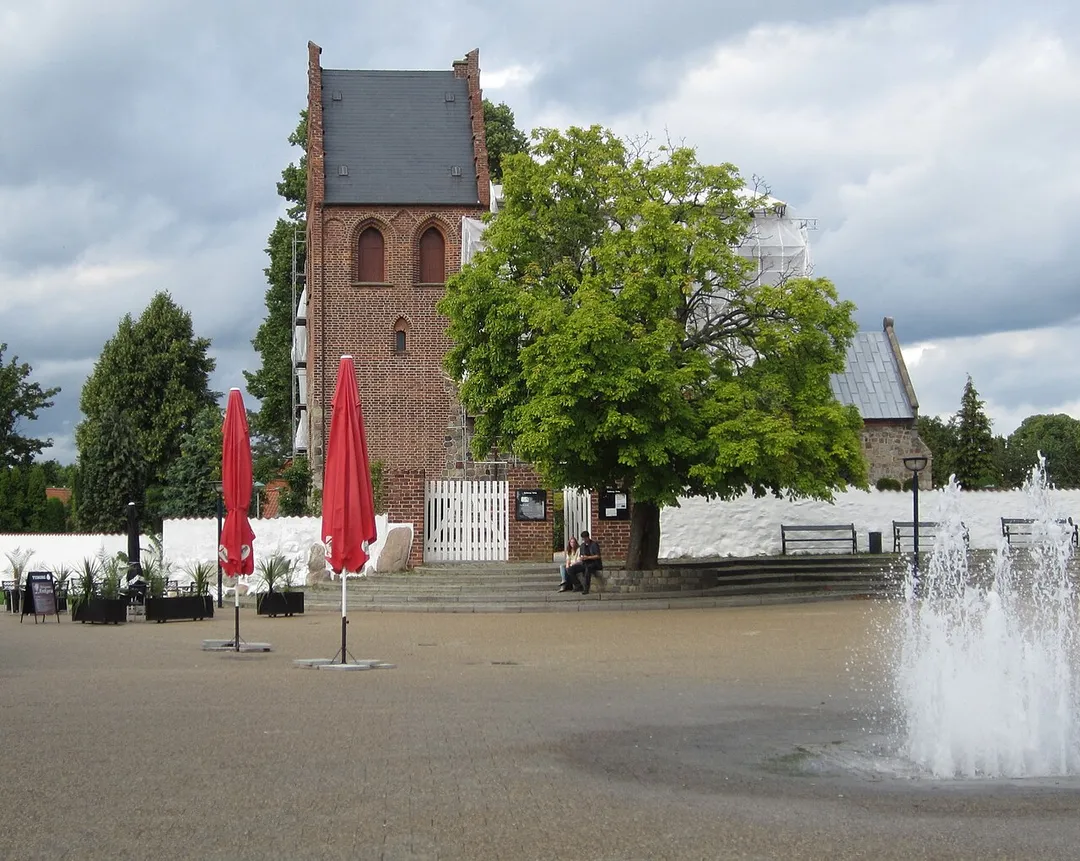 The church "Ballerup Kirke" seen from the pedestrian street "Centrumgaden". Ballerup is a suburb of Copenhagen.