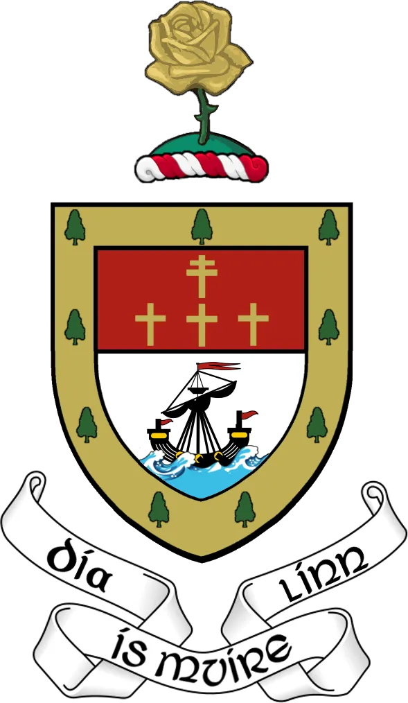 Digital recreation of The Coat of Arms ("crest") of County Mayo in the Republic of Ireland, based on the following official description:
"Per fess gules and argent in chief four crosses one and three the first patriarchal the others passion crosses or, in base on waves of the sea a lymphad proper, the whole within a bordure of the third charged with nine yew trees also proper, with the Crest: On a mount vert a garden rose slipped or and with the Motto: Dia is Muire linn."