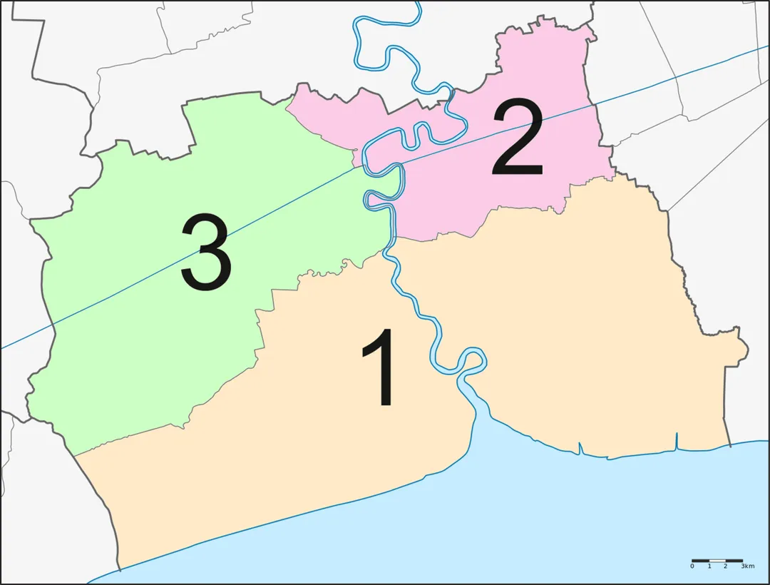 Map of three districts of Samut Sakhon province with colours for districts stand out more.
Mueang Samut Sakhon (เมืองสมุทรสาคร)
Krathum Baen (กระทุ่มแบน)
Ban Phaeo (บ้านแพ้ว)
