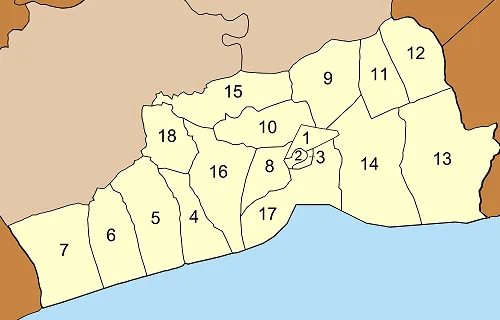 Map of Mueang Samut Sakhon district, Samut Sakhon province, with the communes (tambon) numbered
Mahachai (มหาชัย)
Tha Chalom (ท่าฉลอม)
Krokkrak (โกรกกราก)
Ban Bo (บ้านบ่อ)
Bang Tho Rat (บางโทรัด)
Kalong (กาหลง)
Na Khok (นาโคก)
Tha Chin (ท่าจีน)
Na Di (นาดี)
Tha Sai (ท่าทราย)
Khok Krabue (คอกกระบือ)
Bang Namchuet (บางน้ำจืด)
Phan Thai Norasing (พันท้ายนรสิงห์)
Khok Kham (โคกขาม)
Ban Ko (บ้านเกาะ)
Bang Krachao (บางกระเจ้า)
Bang Ya Phraek (บางหญ้าแพรก)
Chai Mongkhon (ชัยมงคล)