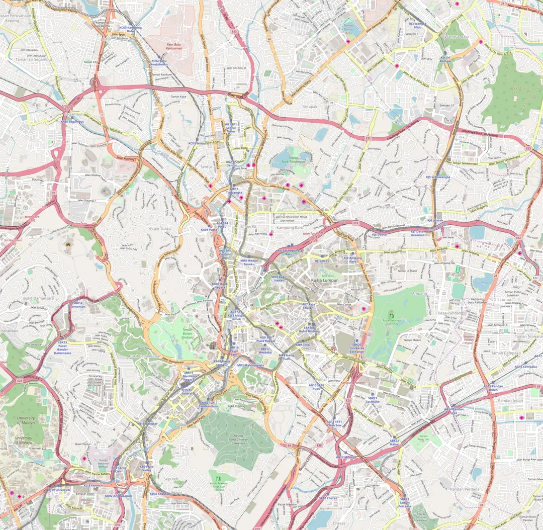 Map of central Kuala Lumpur
Geographic limits of the map:

N: 3.2092°
S: 3.1057°
W: 101.6488°
E: 101.7561°

 This file is licensed under the Creative Commons Attribution-Share Alike 2.0 Generic license.
You are free:
to share – to copy, distribute and transmit the work
to remix – to adapt the work
Under the following conditions:
attribution – You must give appropriate credit, provide a link to the license, and indicate if changes were made. You may do so in any reasonable manner, but not in any way that suggests the licensor endorses you or your use.
share alike – If you remix, transform, or build upon the material, you must distribute your contributions under the same or compatible license as the original.https://creativecommons.org/licenses/by-sa/2.0CC BY-SA 2.0 Creative Commons Attribution-Share Alike 2.0 truetrue
