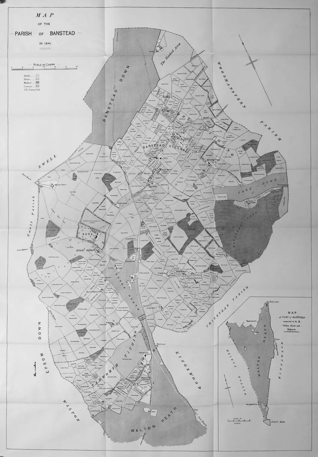 Map of Banstead in 1841 from Lambert, H.C.M. 1912 History of Banstead in Surrey; the book provides annotations for some of the place names, many of which have given rise to modern street names. Two scans had to be stitched together, and the original was not quite flat, so there is slight distortion.