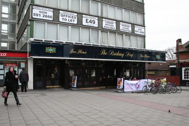 The 'Barking Dog', Barking Within twenty paces of the station exit is this Wetherspoon's pub, which, as you can see, has provision for those who arrive by bicycle.  Offices above the pub. are to let at the time of the photograph.  With about the best transport links in East London and a public house underneath, they will soon be taken up. Address: 61 Station Parade.