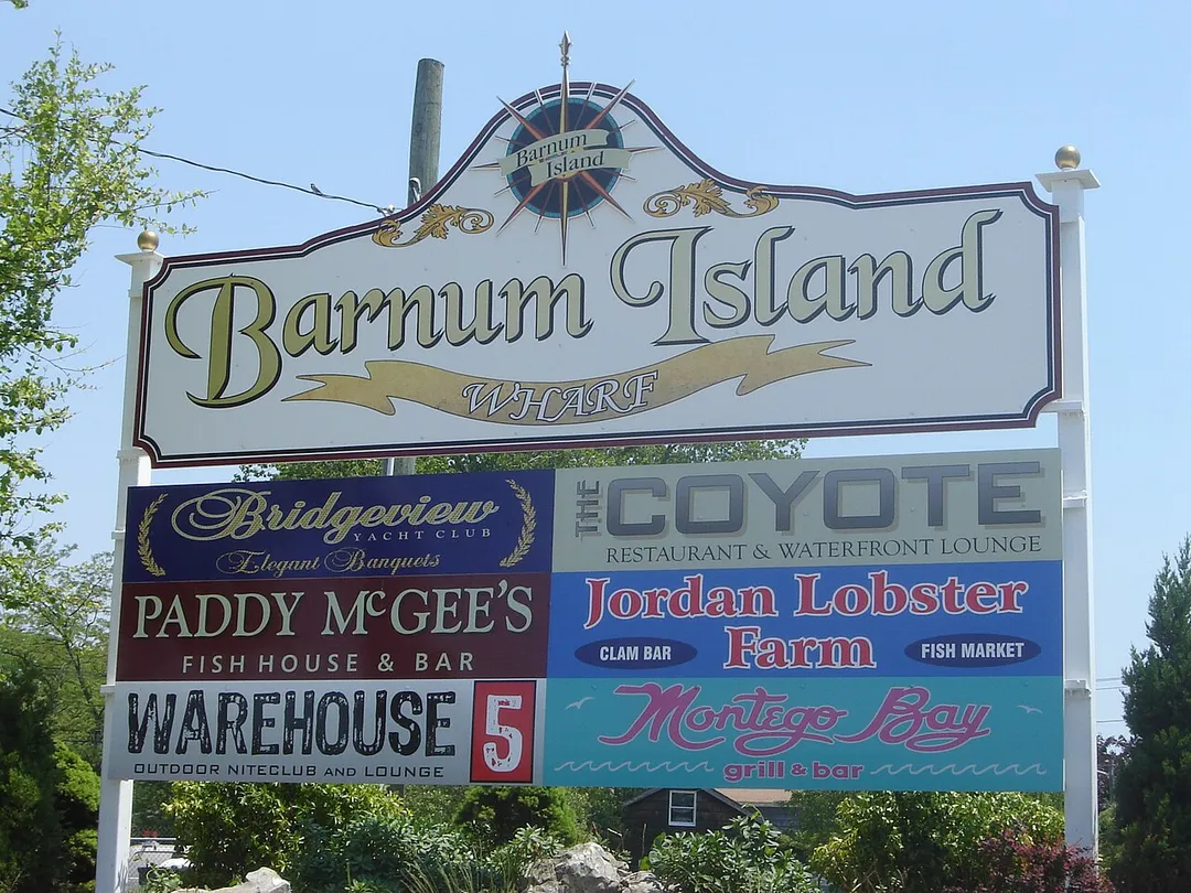 Welcome to Barnum Island Wharf sign in Barnum Island, New York.