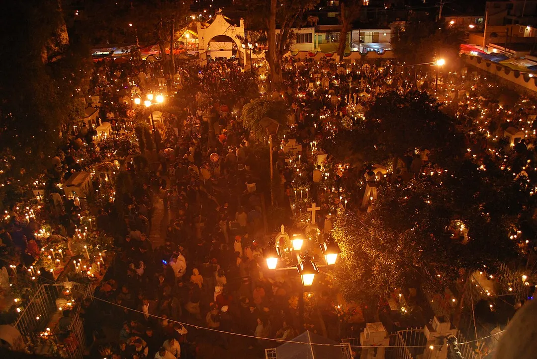 View of front portion of cemetery from the roof of the San Andres Apostol Church in San Andres Mixquic during Day of the Dead