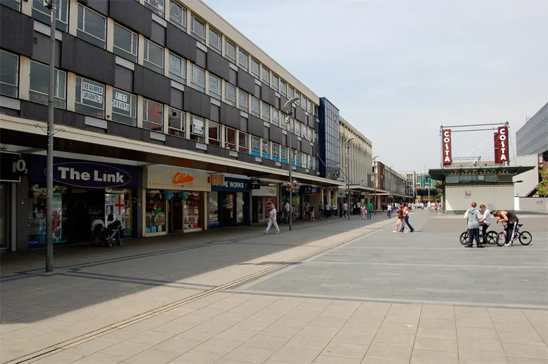 Photograph of Basildon Town Centre. Picture faces due West towards Westgate.