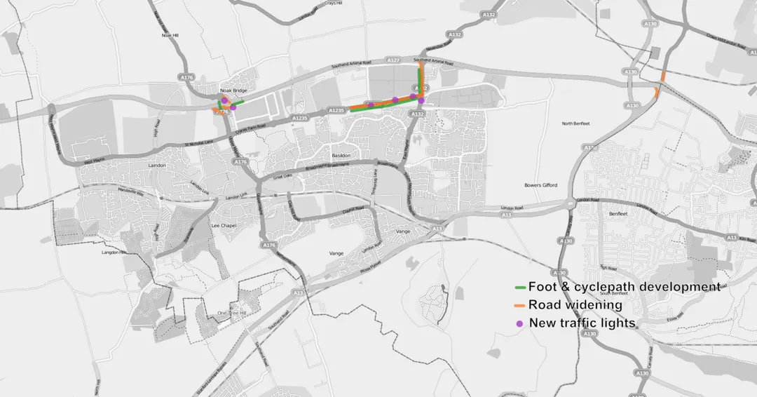A map showing the proposed developments of the Basildon Enterprise Corridor.