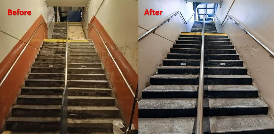 "Before" and "After" views of reconstructed stairway and repainted walls.

"After" (Marc A. Hermann / MTA)