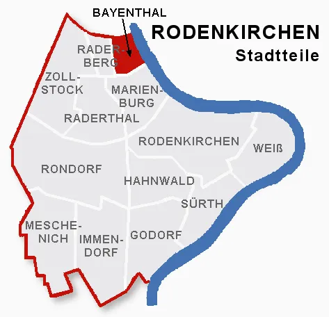 Lage des Stadtteils Bayenthal im Stadtbezik Rodenkirchen