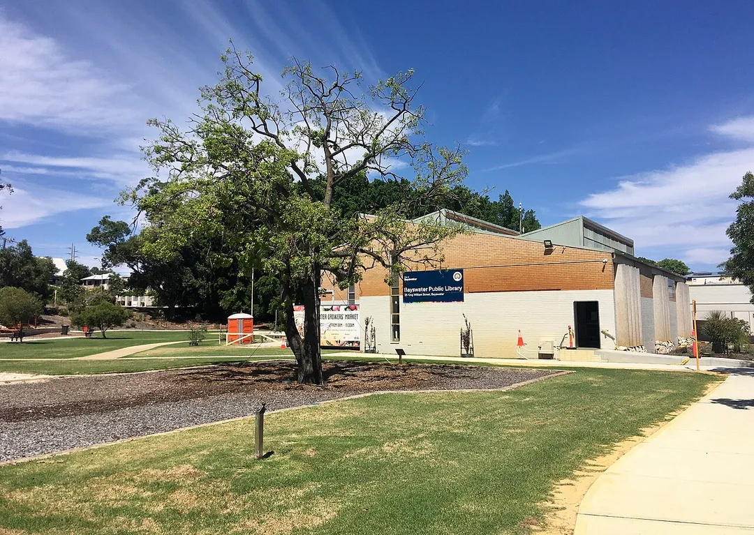 Bayswater Library and Bert Wright Park, Bayswater, Western Australia, February 2022. Relocated Kurrajong tree can be seen in foreground.