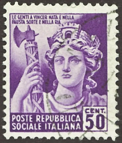 Stamp of the Italian Social Republic; 1944; commemorative stamp of the issue "Destroyed buildings and monuments - 2nd emission"; drawing of the head of a (destroyed) statue of the "Italia turrita" with a Fascio as personalized symbol figure of the Fascist state; two-lines inscription in the upper area: "LE GENTI A VINCER NATA È NELLA / FAUSTA SORTE E NELLA RIA" (= Italian for "(She) is born to conquer people, in good and bad luck" (trial of translation)); stamp postmarked
Stamp: Michel: No. 657Y; Yvert &amp; Tellier: IT-RSI No. 36; Scott: IT-RSI No. 27
Color: purple to violet
Watermark: none (= type "Y")
Nominal value: 50 Cent. (Centesimi)

Postage validity: from 12 August 1944 until 31 December 1945date QS:P,+1944-00-00T00:00:00Z/8,P580,+1944-08-12T00:00:00Z/11,P582,+1945-12-31T00:00:00Z/11
Stamp picture size (printed area): 17.0 x 21.0 mm