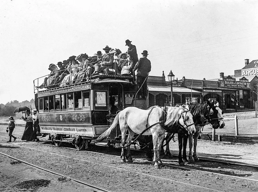 Beaumaris Tramway Company (BTC) horse drawn tram with holiday passengers, probably at Sandringham