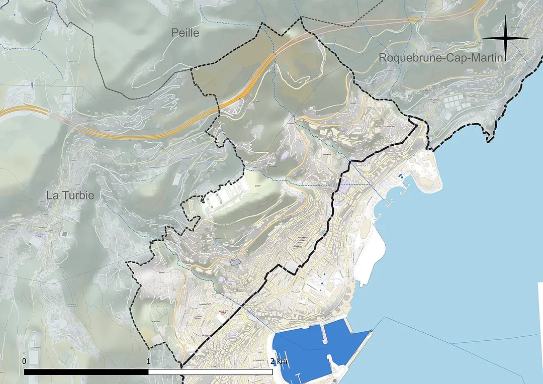 Carte du réseau hydrographique de la commune de fr:Beausoleil (Alpes-Maritimes) (France).